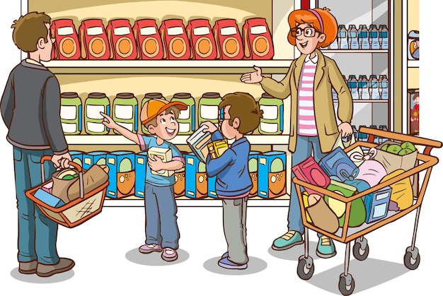 Vector ilustración de vector de dibujos animados de niños y familia de compras