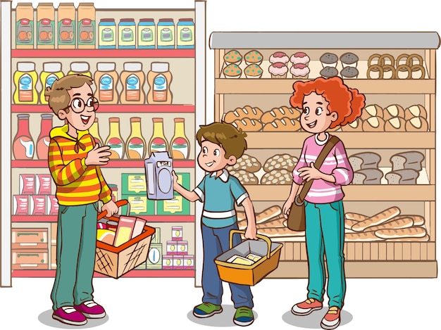 ilustración de vector de dibujos animados de niños y familia de compras