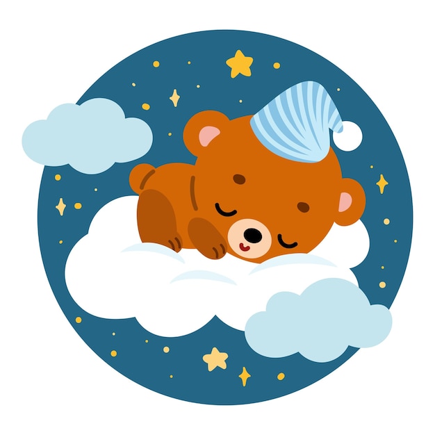 Ilustración de vector de dibujos animados para niños, lindo oso duerme en una nube