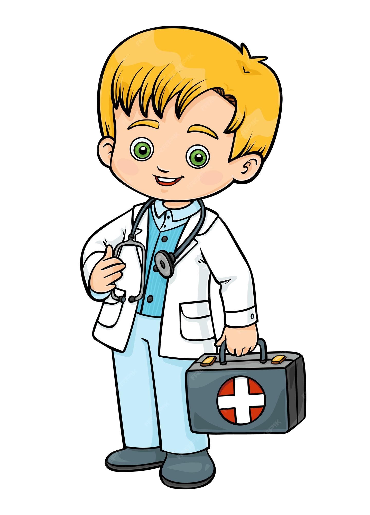 gobierno pago Tierras altas Ilustración de vector de dibujos animados para niños, médico de urgencias  con una bolsa de primeros auxilios | Vector Premium