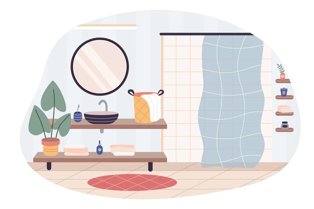 Ilustración de vector de dibujos animados plana con baño interior y ducha