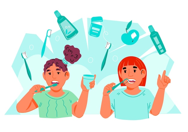 Ilustración de vector de dibujos animados plana de higiene y cuidado dental para niños aislado