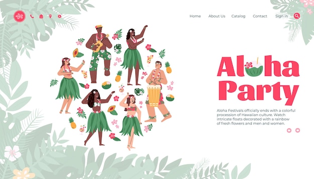 Ilustración de vector de dibujos animados plana de página de aterrizaje de festival hawaiano de fiesta de aloha