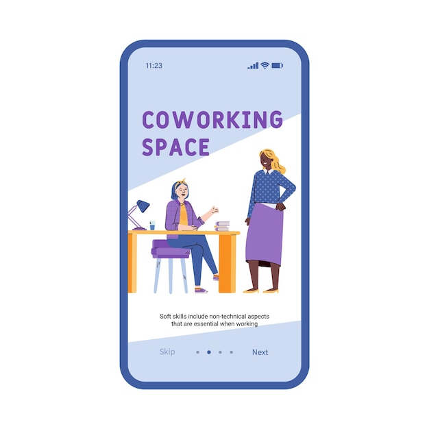 Ilustración de vector de dibujos animados plana de pantalla móvil de incorporación de espacio de coworking