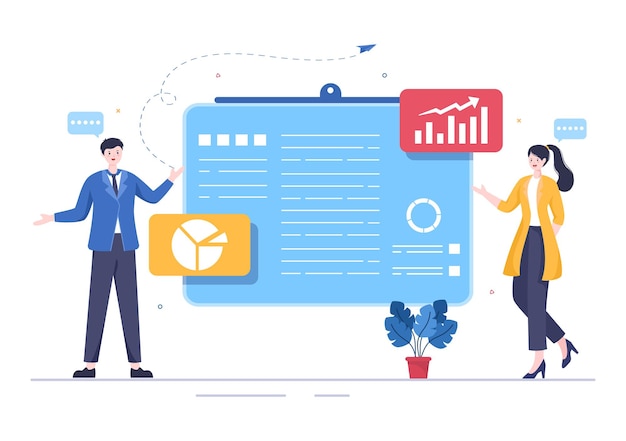 Ilustración de Vector de dibujos animados de planificación de marketing de presentación. Estrategia de plan de empresario y reunión de negocios para llevar a cabo el nuevo concepto de proyecto