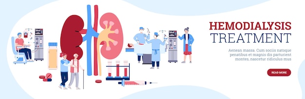 Ilustración de vector de dibujos animados de procedimiento de hemodiálisis o diálisis renal