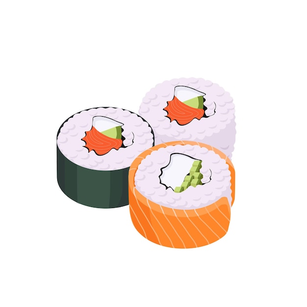 Ilustración de vector de dibujos animados de rollos de sushi. Rollo filadelfia. Comida japonesa. Comida asiática. Restaurante.