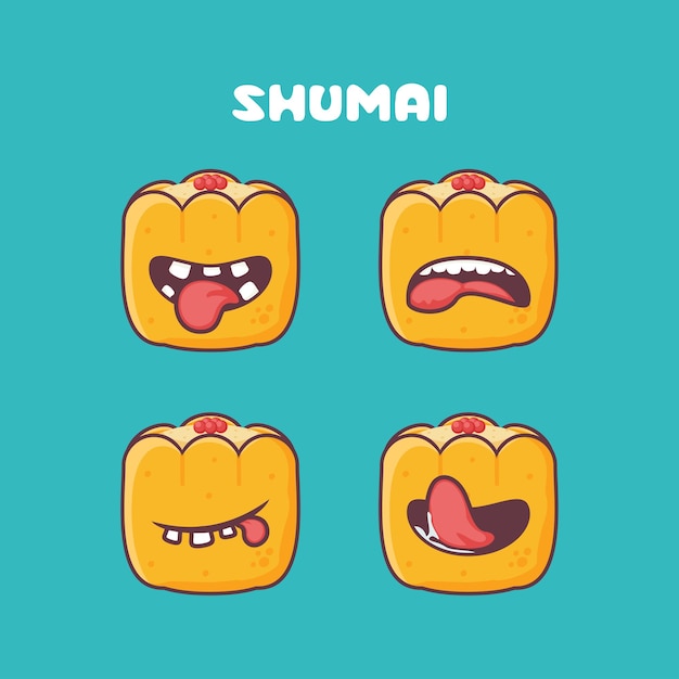 Ilustración de vector de dibujos animados Shumai de dim sum comida china cocina asiática con diferentes expresiones de boca