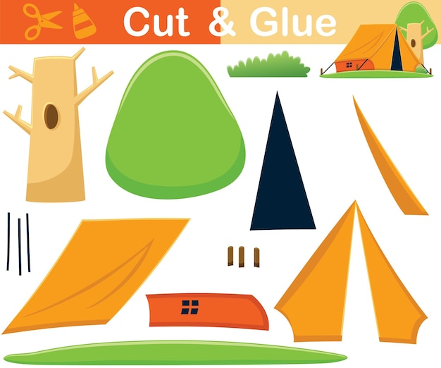 Ilustración de vector de dibujos animados de tienda con árbol en camping. Recorte y encolado