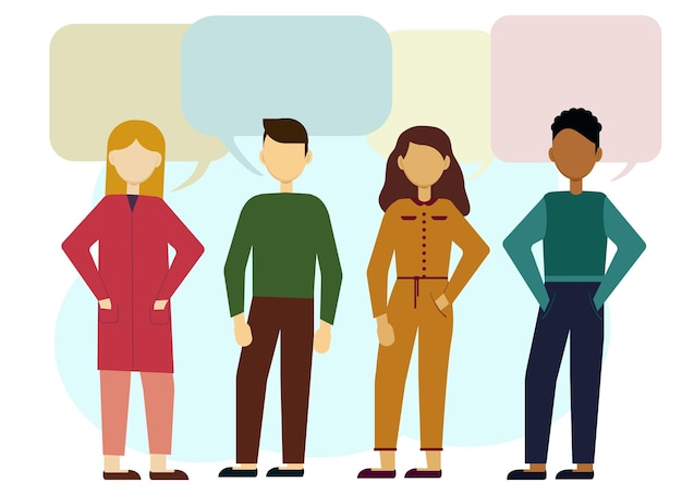 Ilustración de vector de diferentes hombres y mujeres europeos y afroamericanos. Comunicación y globo de aire para texto.