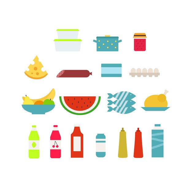 Ilustración de vector con diferentes iconos de alimentos aislados sobre fondo blanco.
