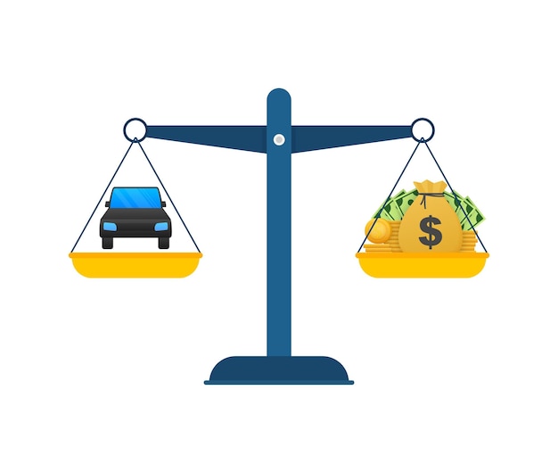 Ilustración de vector de dinero vs coche Icono plano sobre fondo blanco Ilustración de dinero de dibujos animados de vector plano