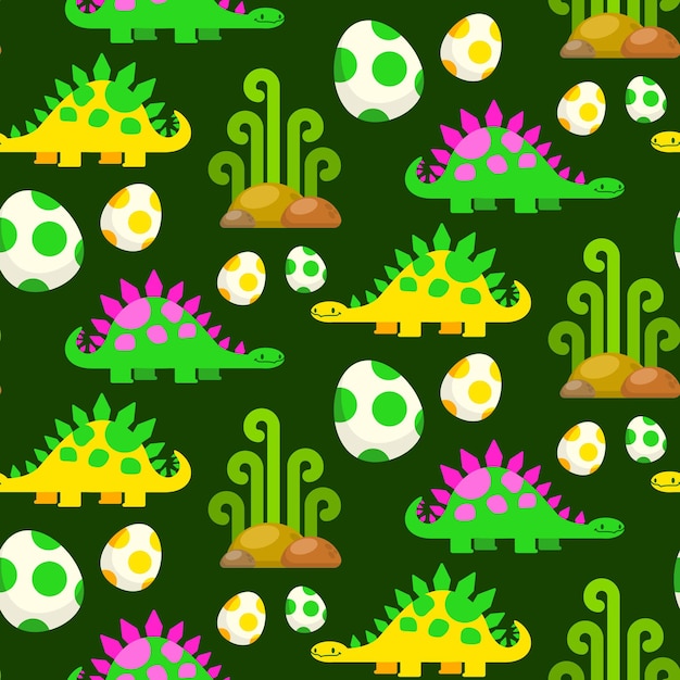 Ilustración de vector de dinosaurios lindos, estegosaurio lindos dinosaurios pequeños de patrones sin fisuras