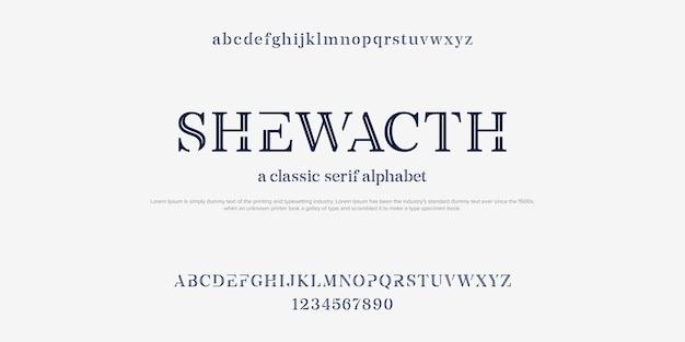 Ilustración de vector de diseño de alfabeto de fuente de tipografía clásica Shewacth