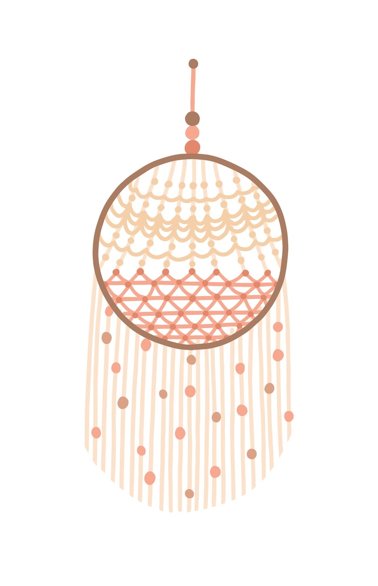 Vector ilustración de vector de diseño de atrapasueños de macramé. decoración para colgar en la pared con flecos de hilo. amuleto tradicional indio, protección contra los malos sueños. boho, decoración artesanal de nudos artesanales étnicos.
