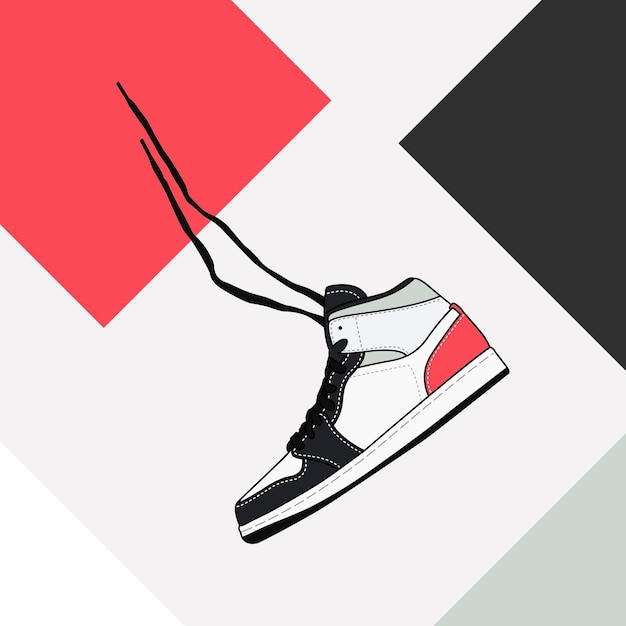 Ilustración de vector de diseño de calzado de zapatillas altas en blanco y rojo negro.