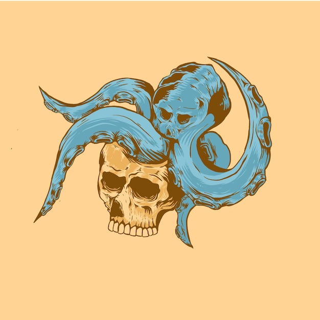 Ilustración de vector de diseño de camiseta de cráneo de pulpo vintage