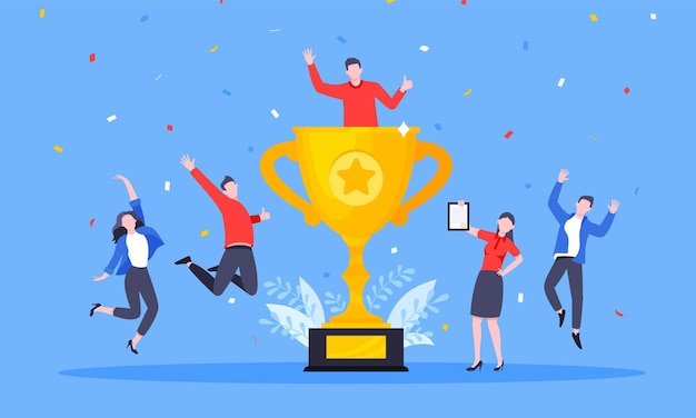 Ilustración de vector de diseño de estilo plano de ceremonia de premiación de ganadores de equipo de empleados de negocios felices