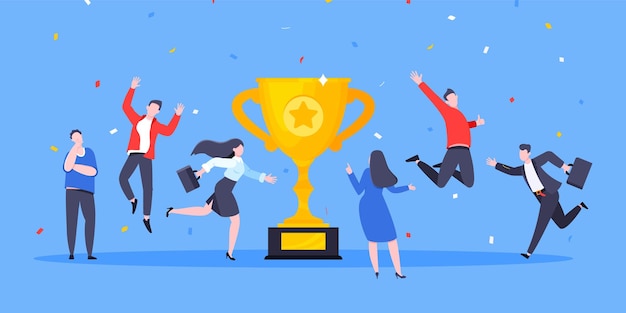 Ilustración de vector de diseño de estilo plano de ceremonia de premiación de ganadores de equipo de empleados de negocios felices
