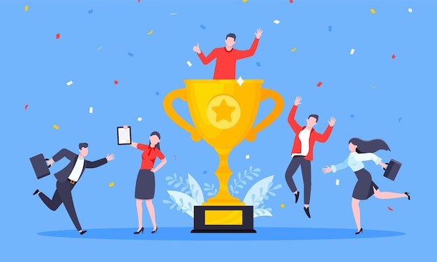 Ilustración de vector de diseño de estilo plano de ceremonia de premiación de ganadores de equipo de empleados de negocios felices