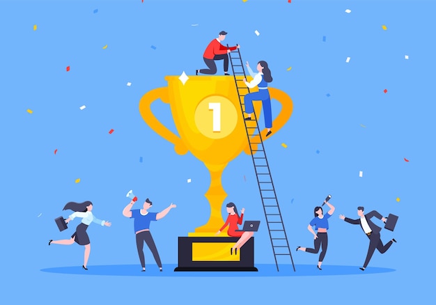 Ilustración de vector de diseño de estilo plano de ceremonia de premiación de ganadores de equipo de empleados de negocios felices