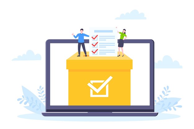 Ilustración de vector de diseño de estilo plano de concepto de votación en línea Gente pequeña con encuesta de votación