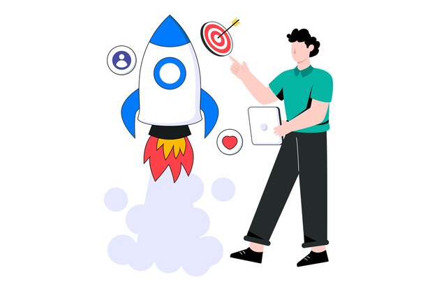 Ilustración de vector de diseño de estilo plano de lanzamiento de inicio. ilustración común