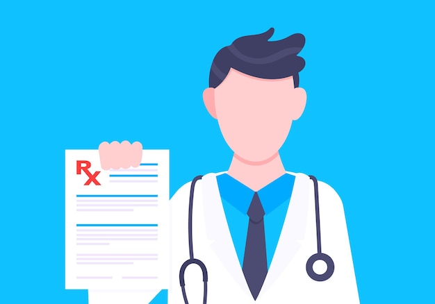 Ilustración de vector de diseño de estilo plano de prescripción de formulario de rx médico El doctor sostiene el formulario de rx de papel