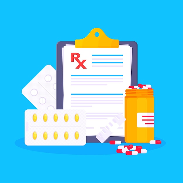 Ilustración de vector de diseño de estilo plano de prescripción médica rx formulario Portapapeles con formulario rx