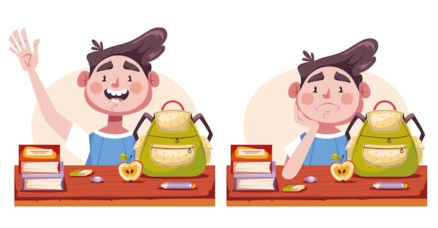 Ilustración de vector de diseño gráfico de concepto de personajes de niños de escuela feliz y cansado