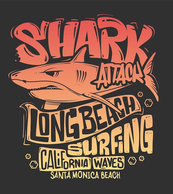 Ilustración de vector de diseño de impresión de surf de camiseta de tiburón