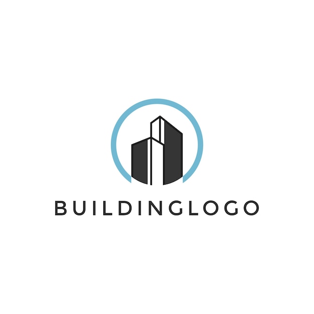 Ilustración de vector de diseño de logotipo de edificio con un círculo de color azul y gris profesional y elegante