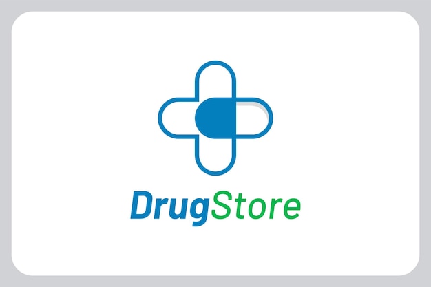 Vector ilustración vector de diseño de logotipo de farmacia. combinación de logotipo de píldora cápsula con símbolo de cruz