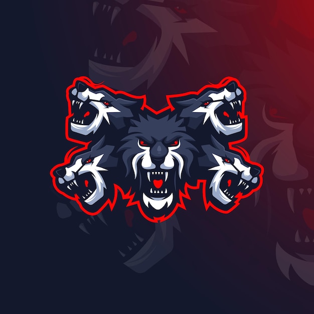 Ilustración de vector de diseño de logotipo de mascota de lobo para equipo de esports. lobo de cinco cabezas