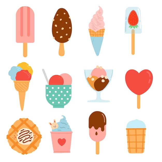 Ilustración de vector de diseño plano de conjunto de verano de helado