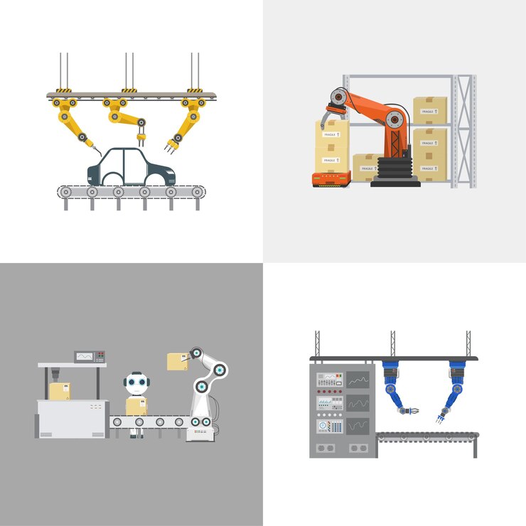 Vector ilustración de vector de diseño plano de cuatro robots de automatización cuadrados