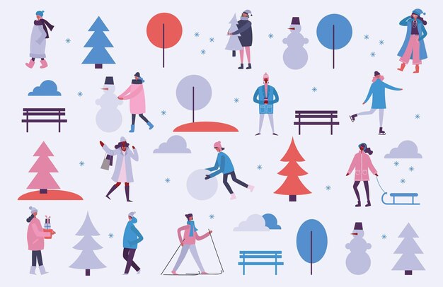 Ilustración de vector de diseño plano de fondo de temporada de invierno con gente al aire libre en el diseño plano minimalista