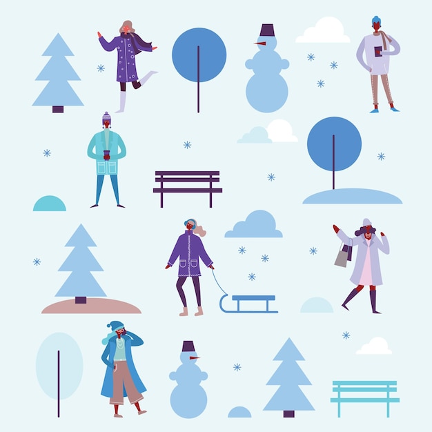 Ilustración de vector de diseño plano de fondo de temporada de invierno con gente al aire libre en el diseño plano minimalista