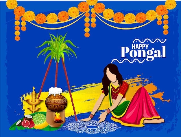 Ilustración de vector de diseño de plantilla de fondo de Pongal Festival del sur de la India