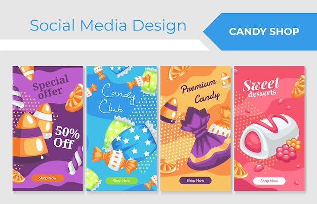 Vector ilustración de vector de diseño de redes sociales de tienda de dulces