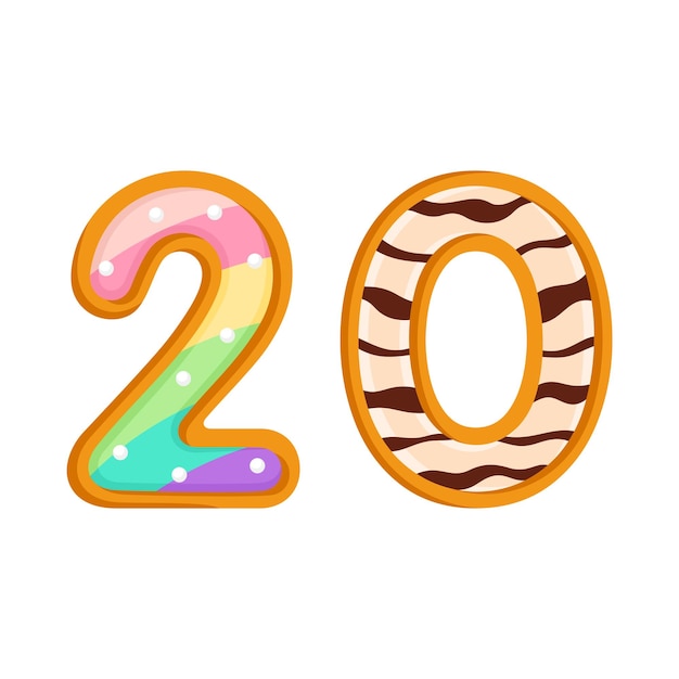Ilustración de vector de donut glaseado dulce de 20 números