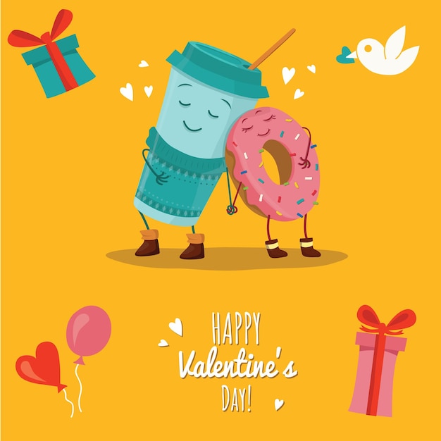 Ilustración de vector con donut y taza de café Feliz día de Vilentines