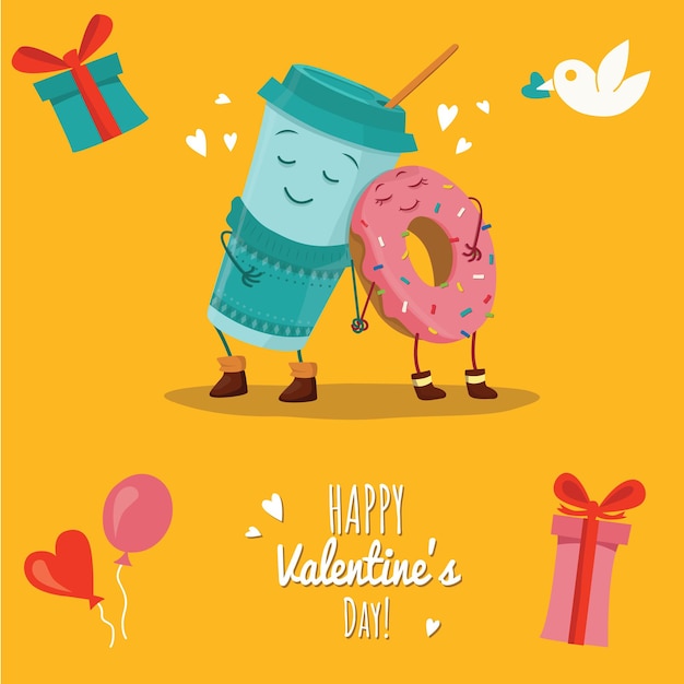 Vector ilustración de vector con donut y taza de café feliz día de vilentines