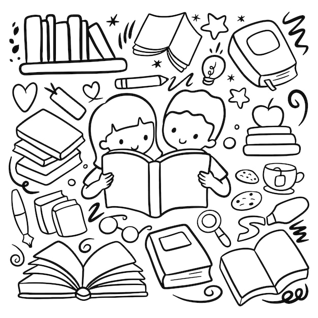 Ilustración de Vector de Doodle de día de alfabetización de libro de lectura internacional