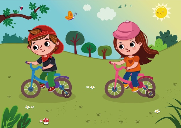 Ilustración de vector de dos niños en bicicleta en la naturaleza