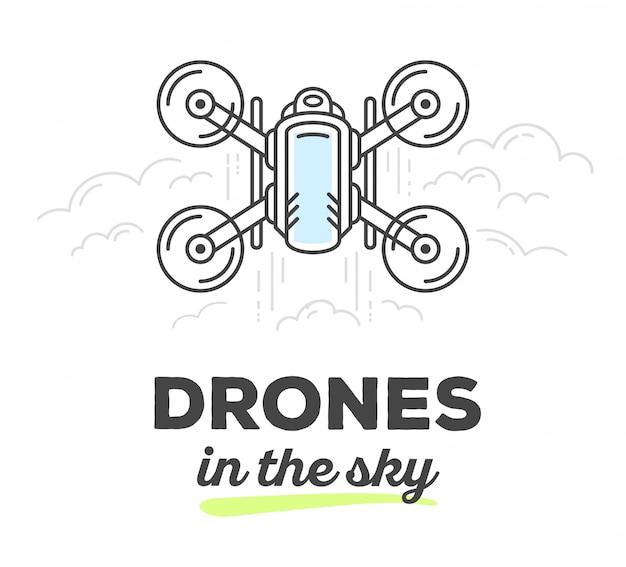 Ilustración de vector de drone creativo de vista superior con texto sobre fondo blanco. Drone en el cielo