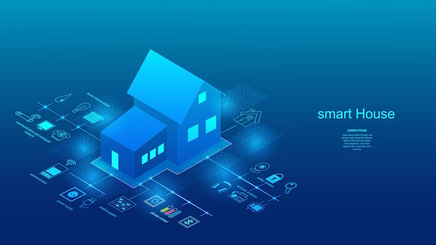 Ilustración de vector de un edificio con elementos de un sistema de hogar inteligente. Ciencia, futurista