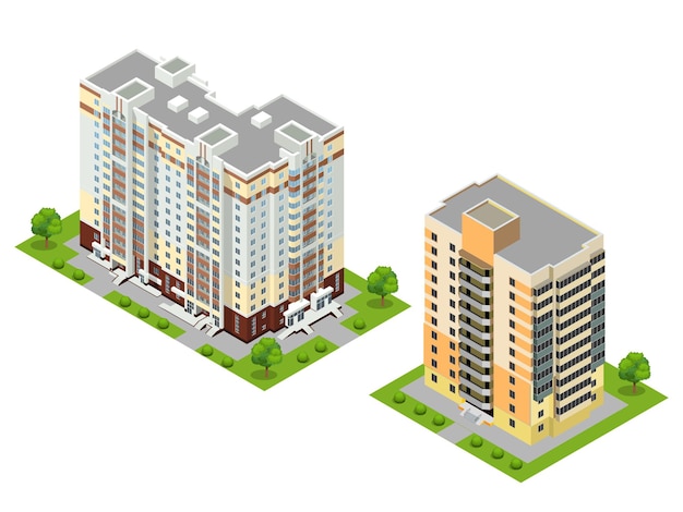 Ilustración de vector de edificios de ciudad 3d plano isométrico