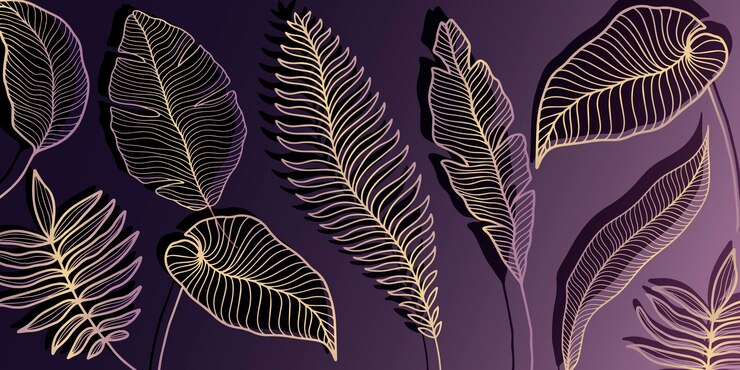 Vector ilustración de vector elegante de lujo con hojas de palma helecho monstera en tonos dorados sobre fondo púrpura