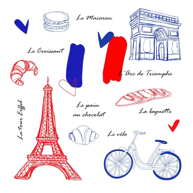 Vector ilustración de vector de elementos de parís arco de la torre eiffel croissant baguette maccarone triunfal